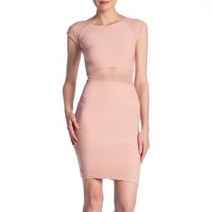 bebe Textured Mesh Waist Bodycon Dress L Blush NWT